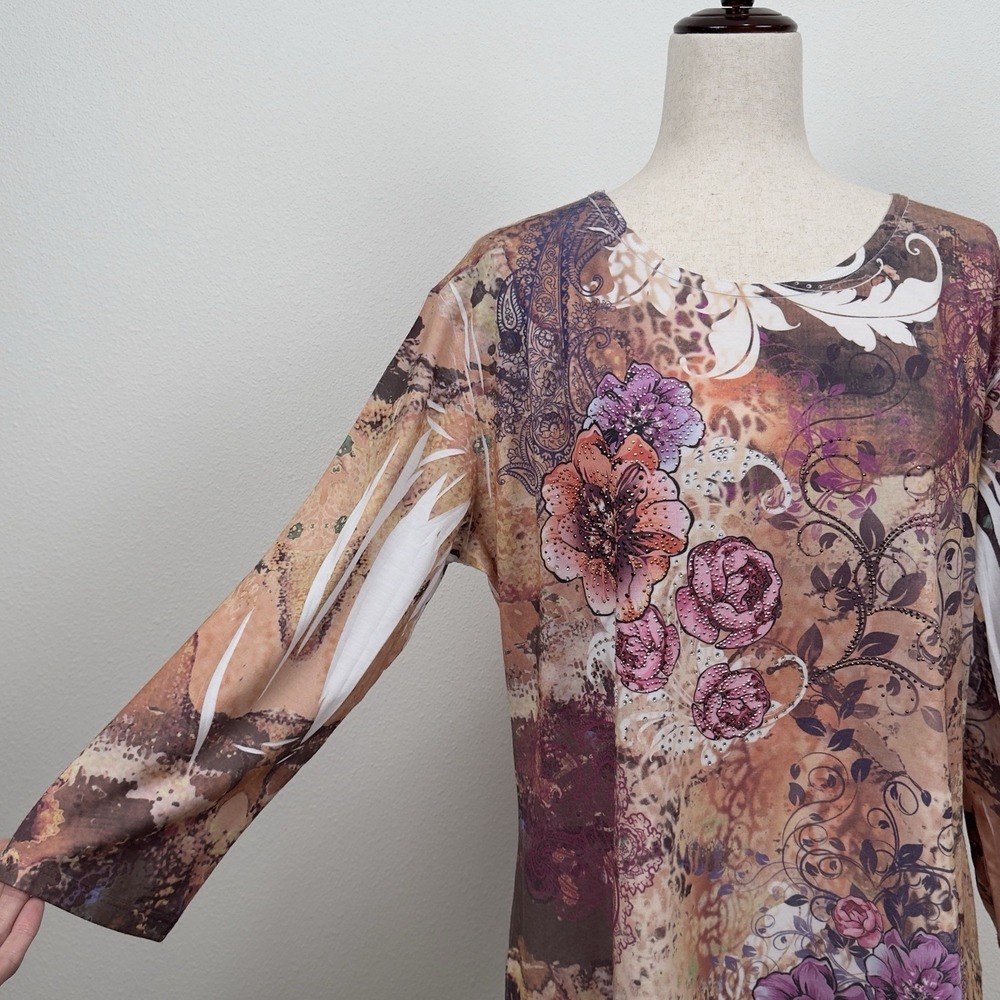Jess & Jane‎ Top Womens XL Pink Brown Embellished Colorful Artsy Boho Asymmetric - Picture 4 of 13